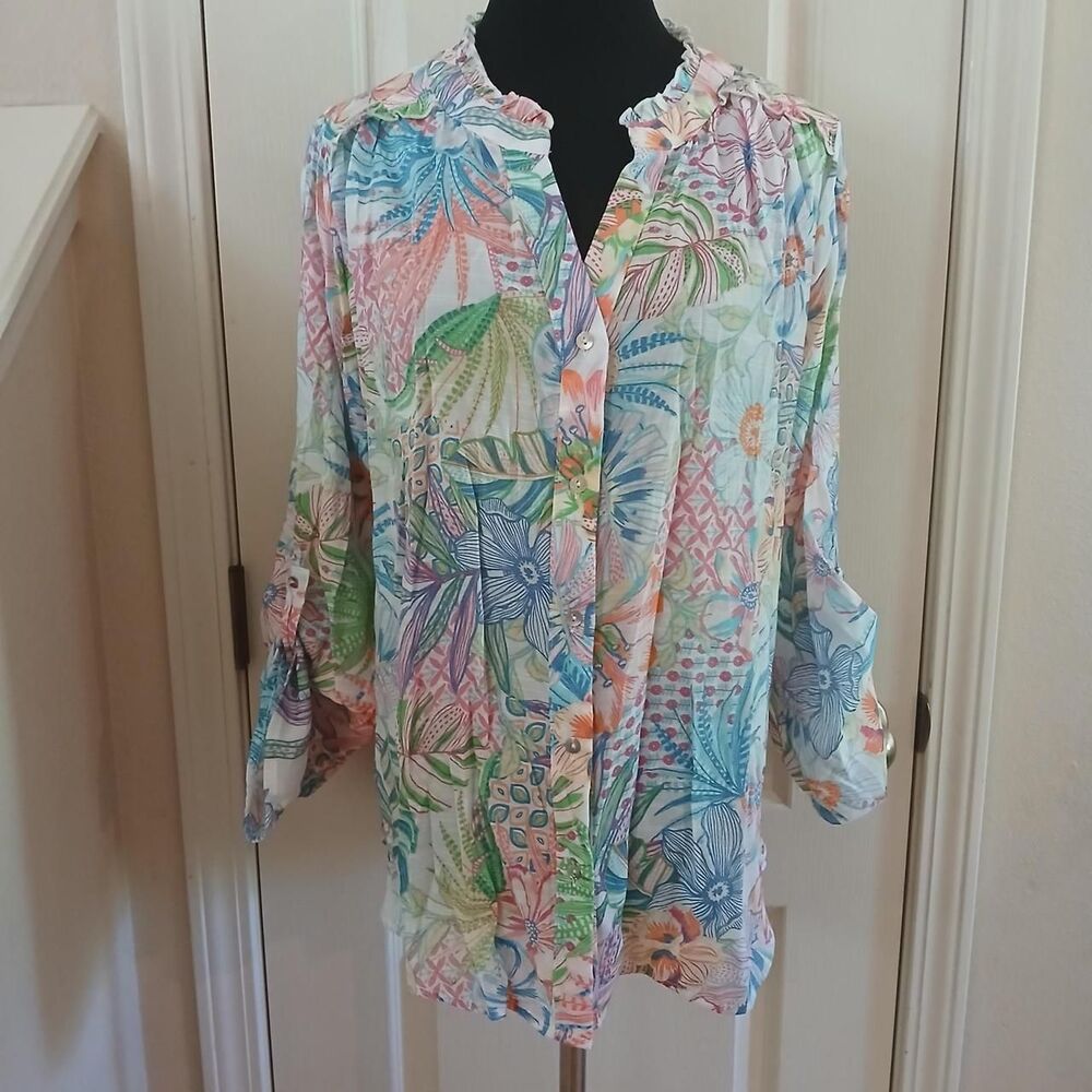 Vibrant Floral Button Up Shirt Ruffle Trim Neck Roll Tab Sleeves L Dopamine